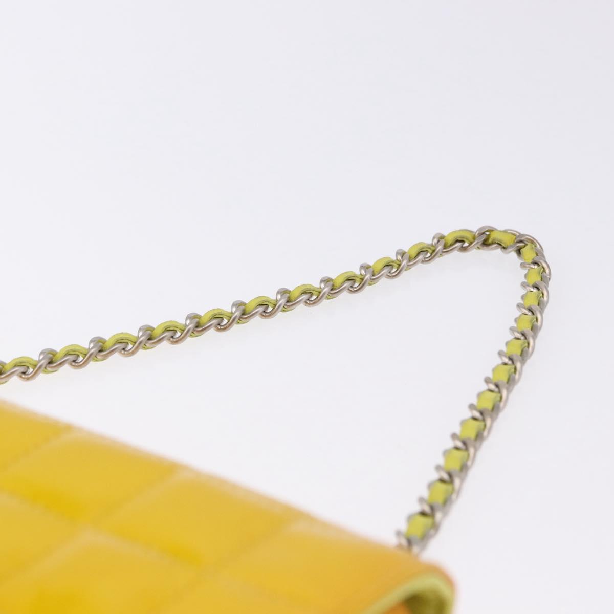 CHANEL Choco Bar line Chain Bag Patent Leather Yellow Silver CC Auth BA14214V