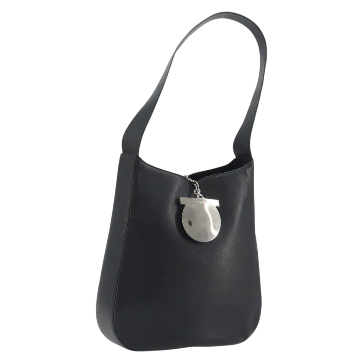 Salvatore Ferragamo Gancini Shoulder Bag Leather Black Silver Auth BA14216