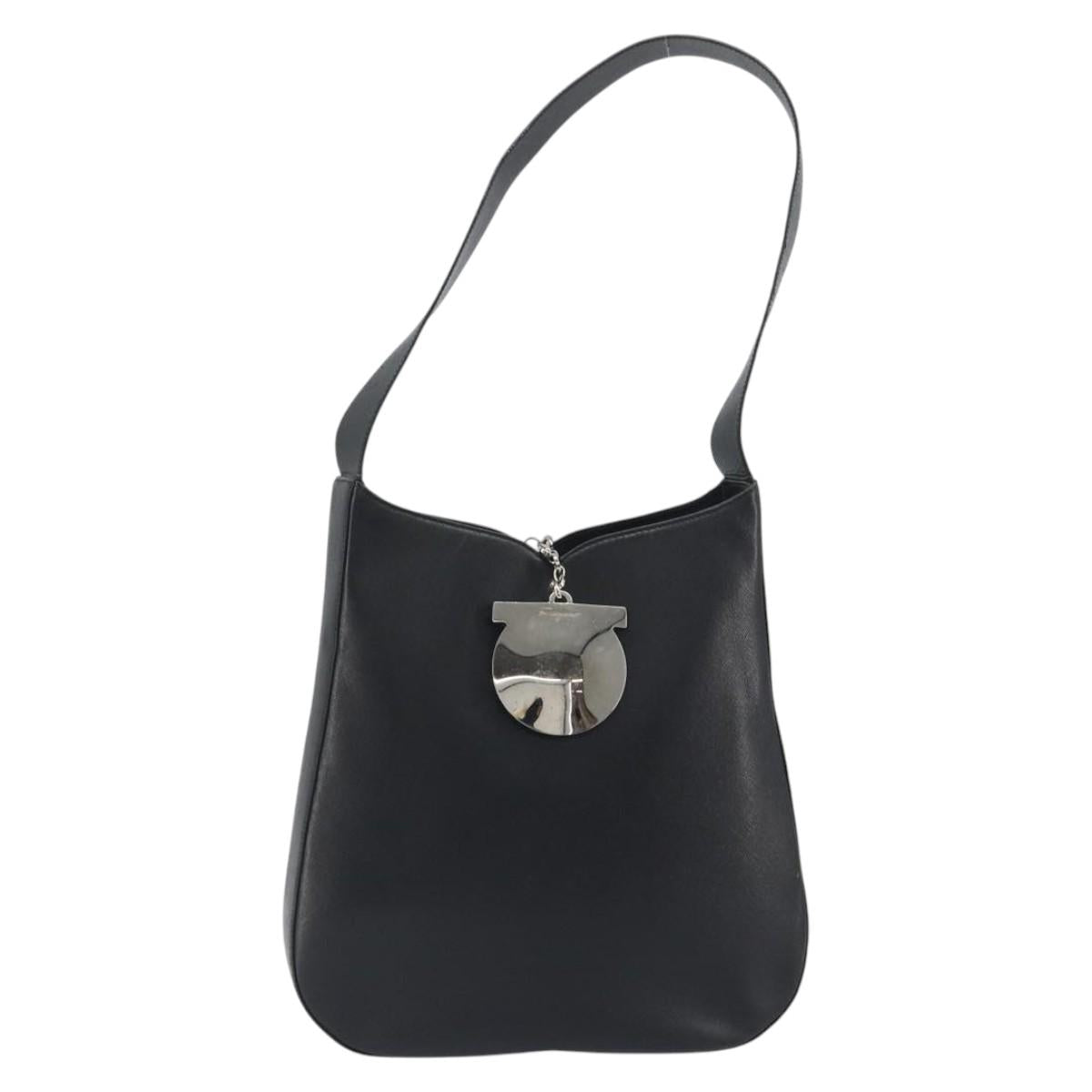 Salvatore Ferragamo Gancini Shoulder Bag Leather Black Silver Auth BA14216