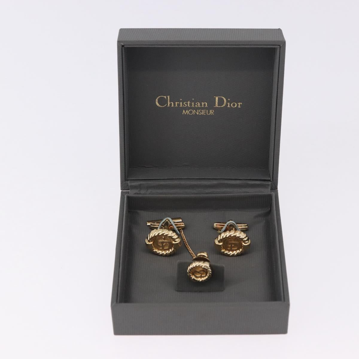 Christian Dior Cuffs & Lapel Pin Set Metal Gold Tone Auth BA14246