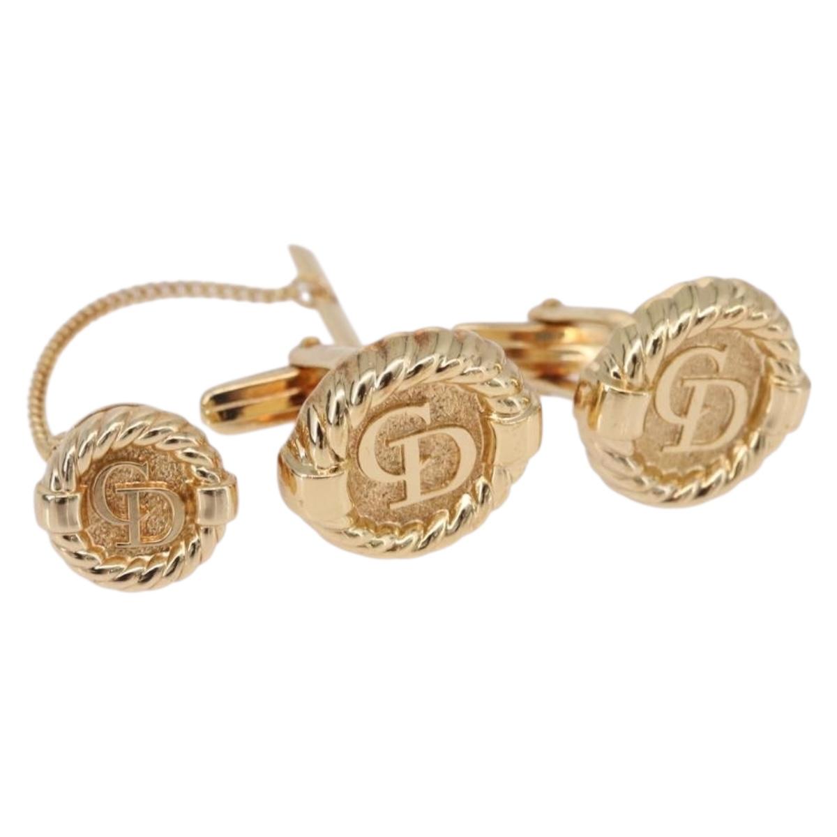 Christian Dior Cuffs & Lapel Pin Set Metal Gold Tone Auth BA14246