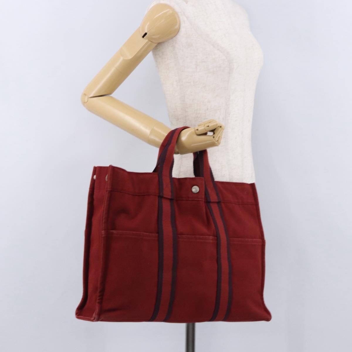 HERMES Fourre Tout MM Hand Bag Canvas Red Silver Auth BA14300