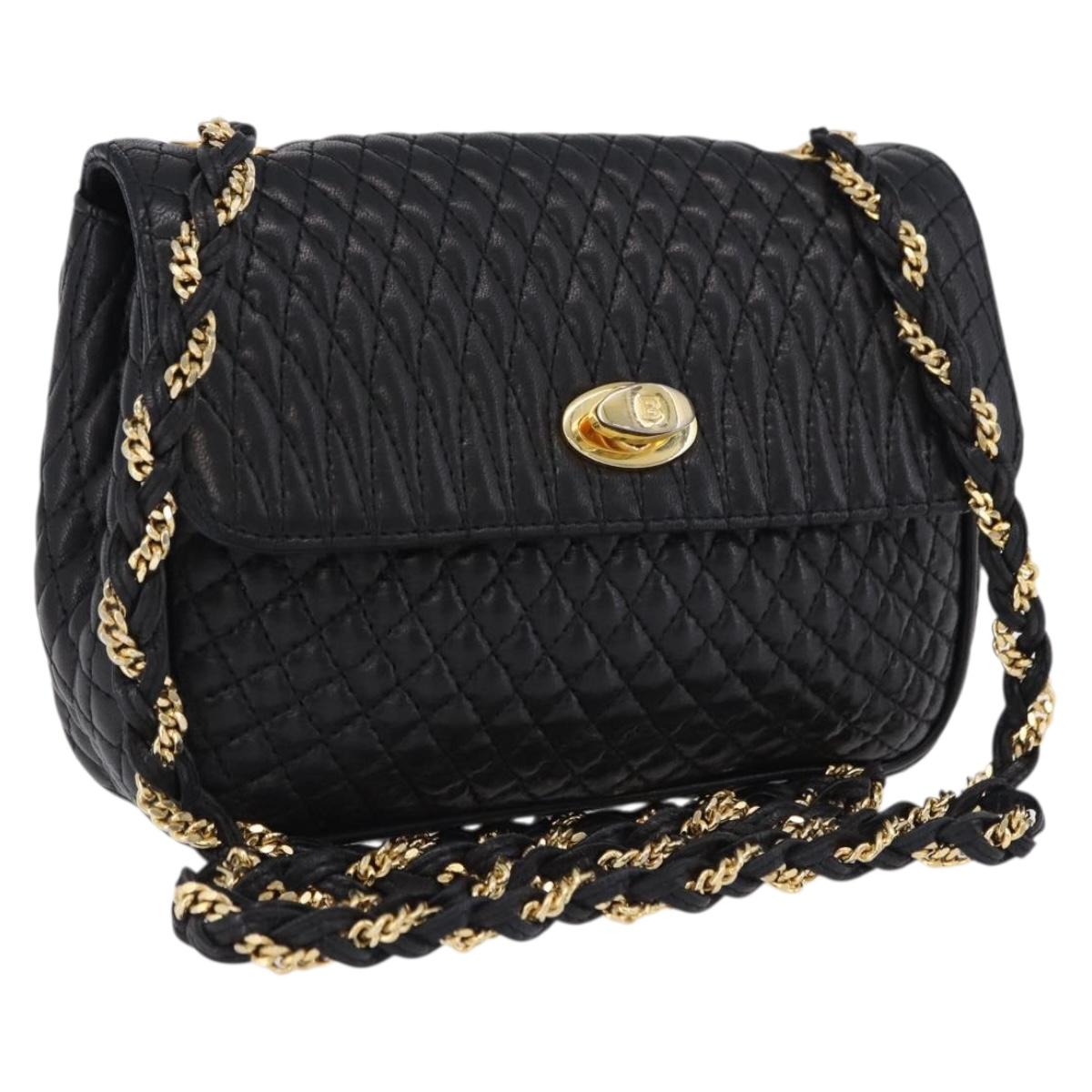 BALLY Quilted Chain Shoulder Bag Leather Black Gold Auth BA14306A