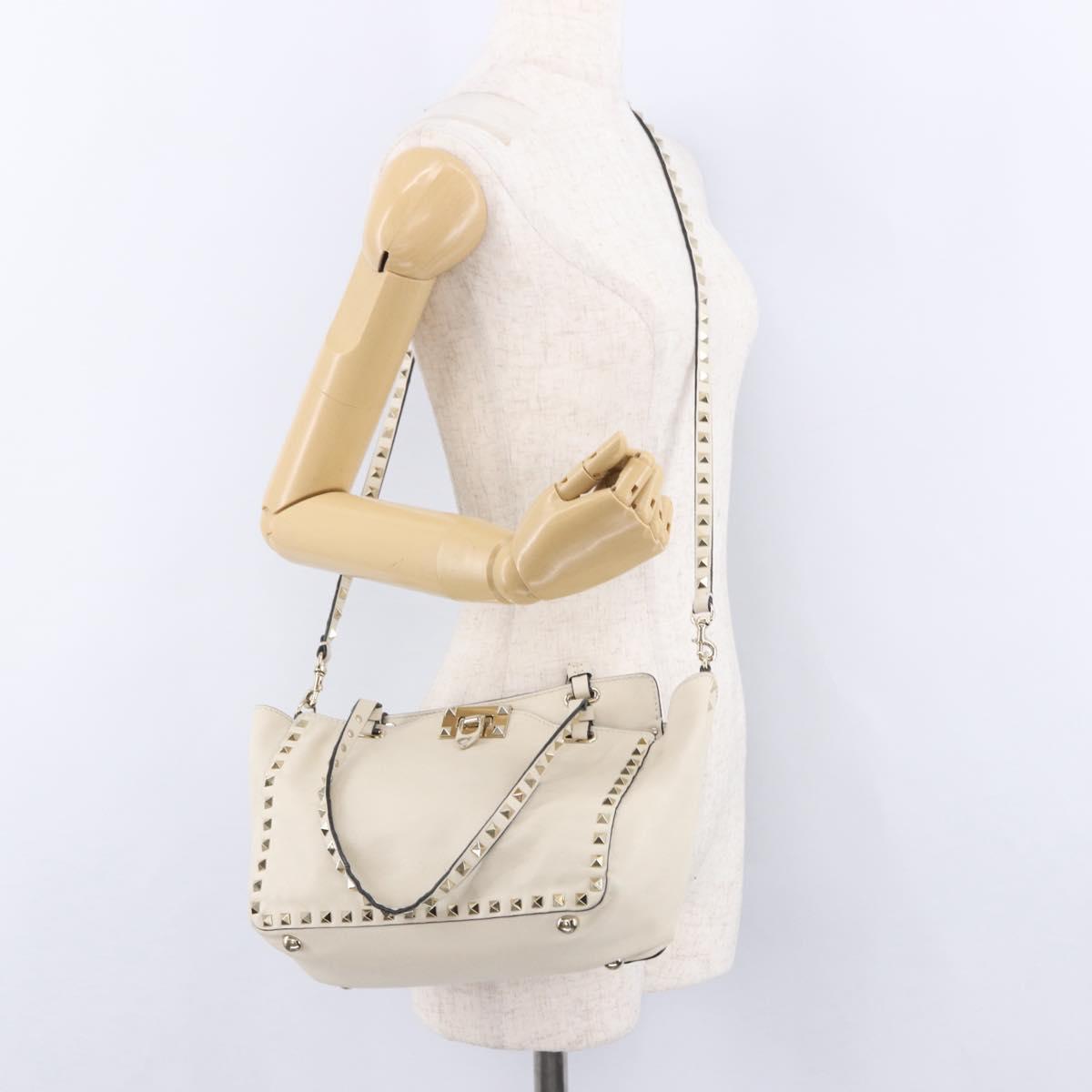 VALENTINO Hand Bag Leather 2way White Gold Auth BA14307