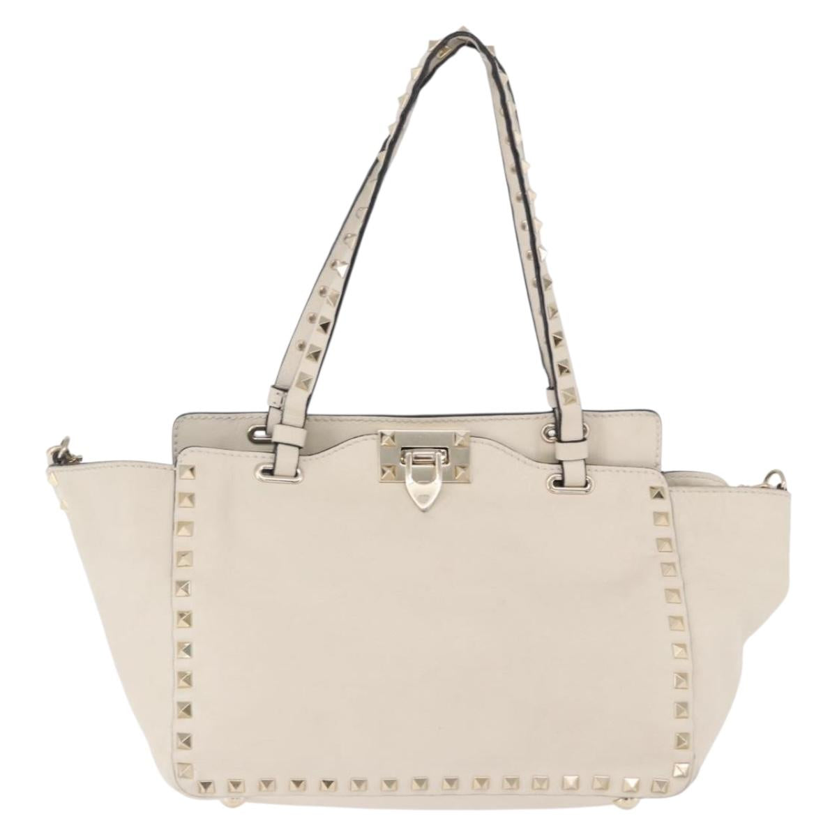 VALENTINO Hand Bag Leather 2way White Gold Auth BA14307