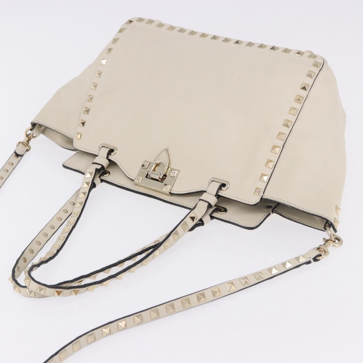 VALENTINO Hand Bag Leather 2way White Gold Auth BA14307