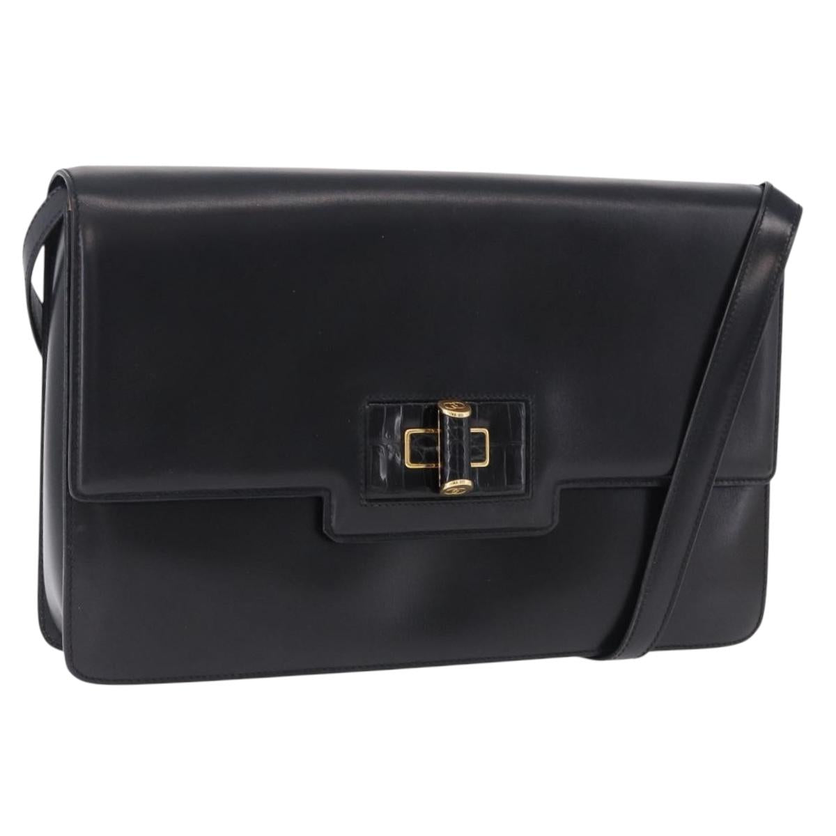 GUCCI Shoulder Bag Leather Black Gold Auth BA14311