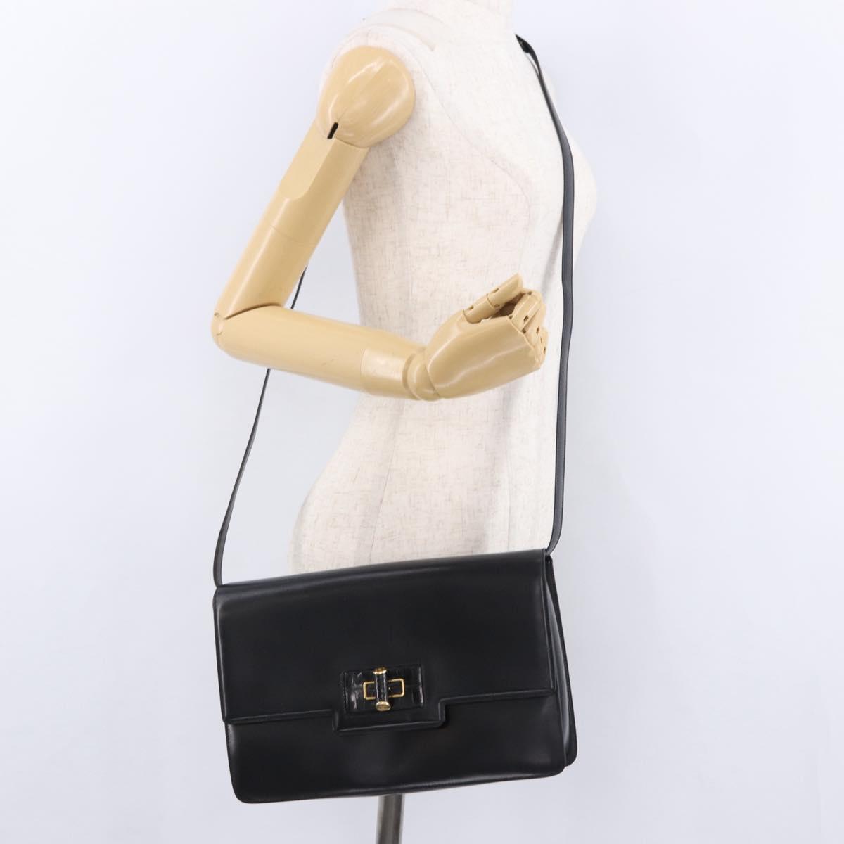 GUCCI Shoulder Bag Leather Black Gold Auth BA14311