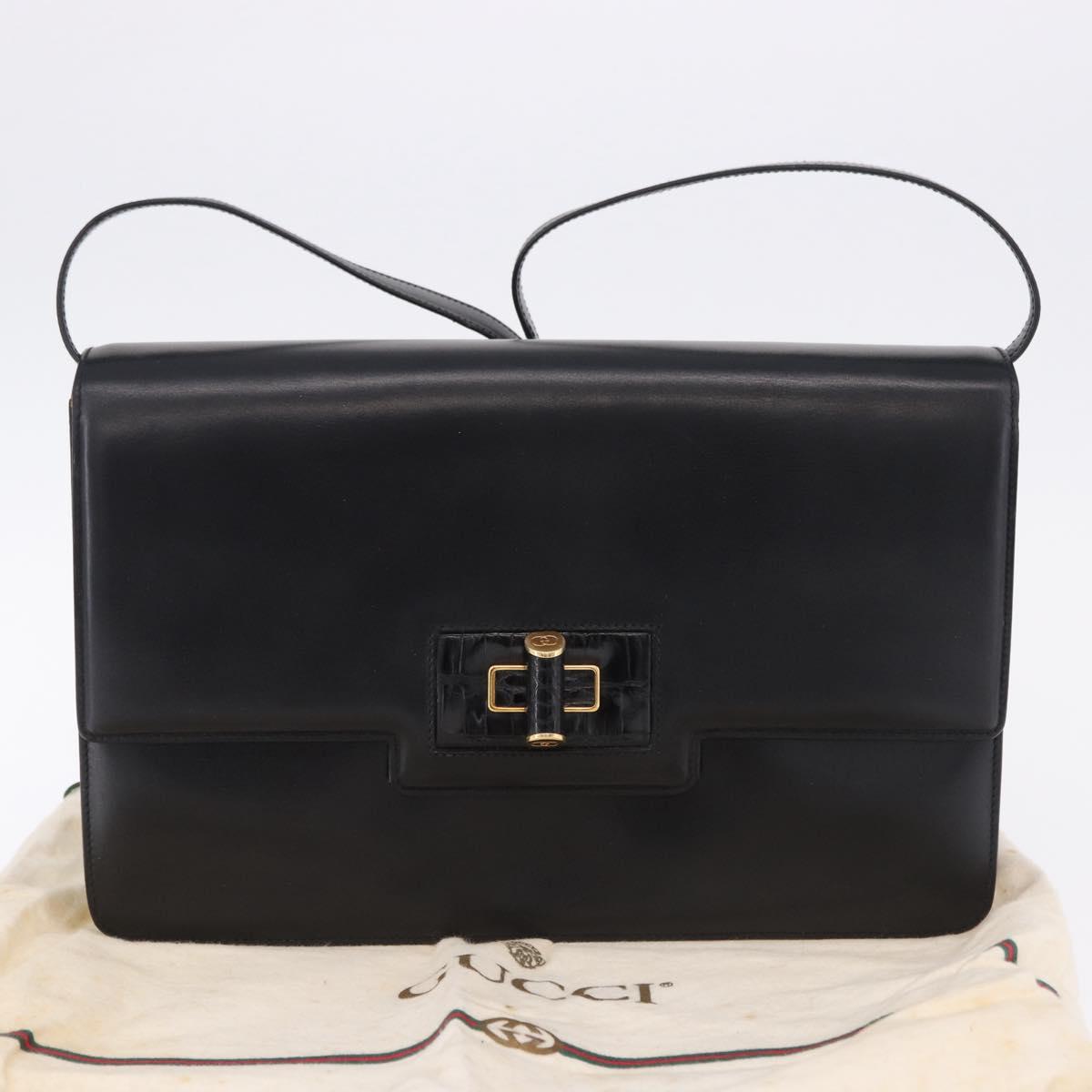 GUCCI Shoulder Bag Leather Black Gold Auth BA14311