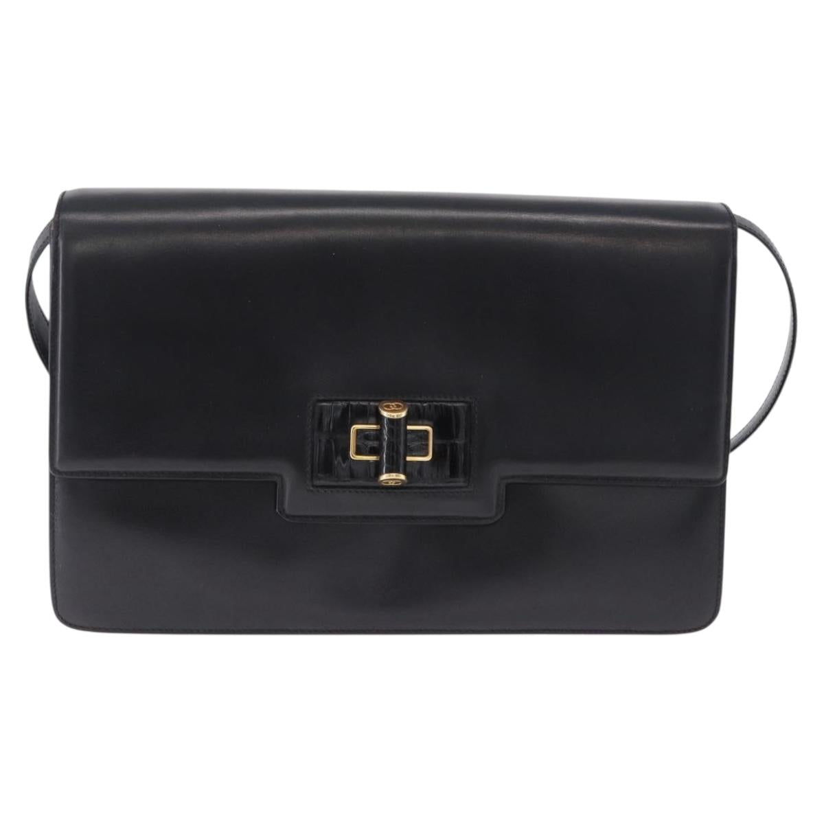 GUCCI Shoulder Bag Leather Black Gold Auth BA14311