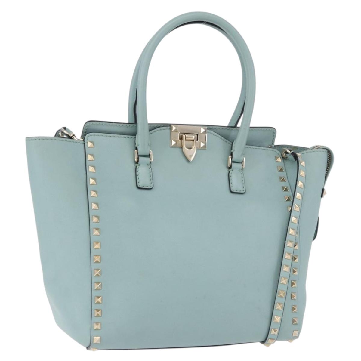VALENTINO Hand Bag Leather 2way Light Blue Gold Auth BA14317