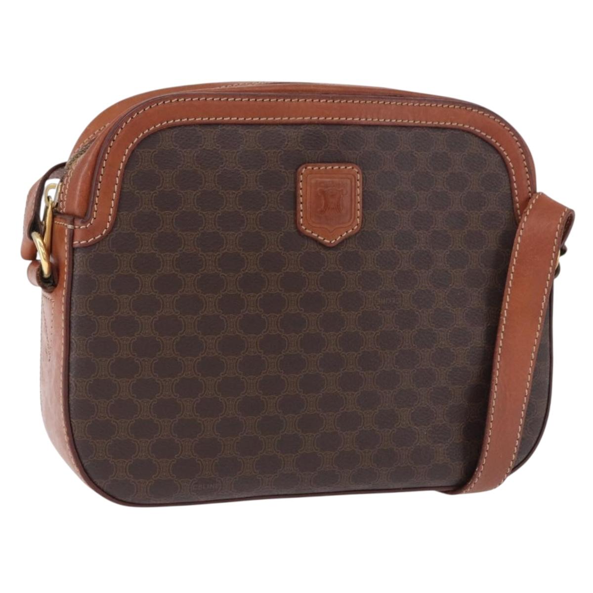 CELINE Macadam Canvas Shoulder Bag PVC Leather Brown Gold Auth BA14318