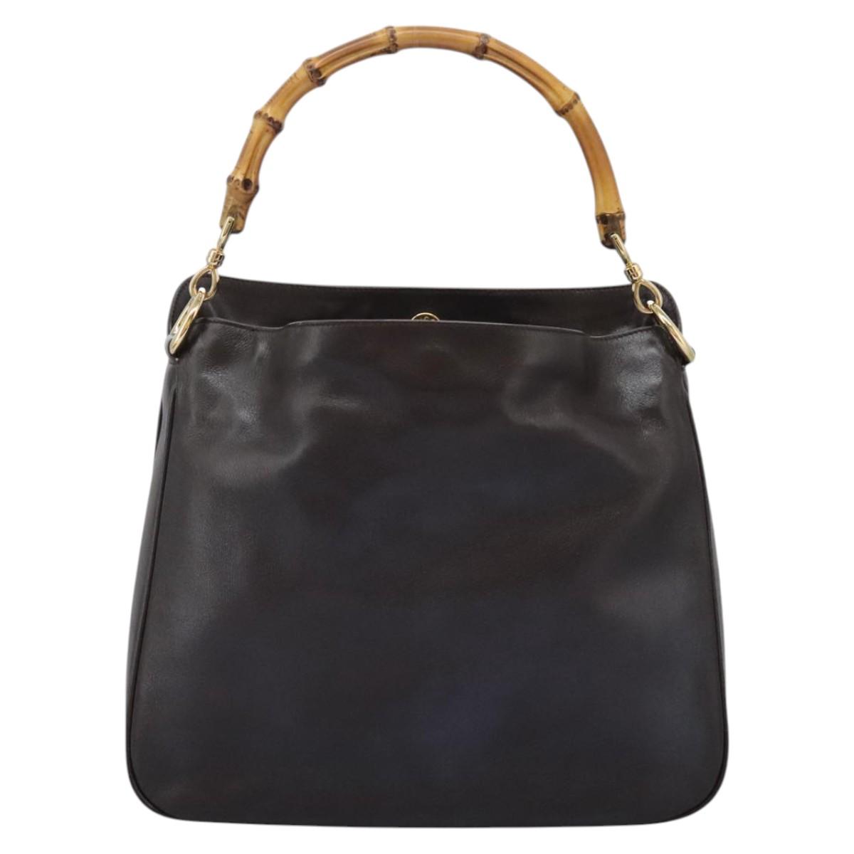 GUCCI Bamboo Hand Bag Leather Dark Brown Gold 001 3444 1638 Auth BA1434