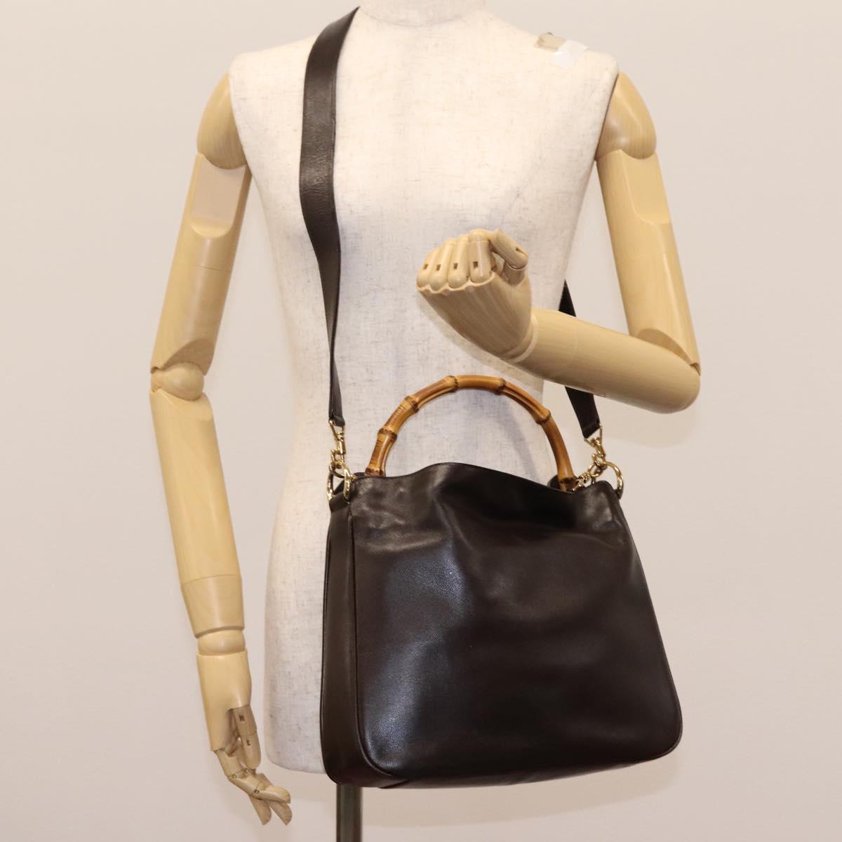 GUCCI Bamboo Hand Bag Leather Dark Brown Gold 001 3444 1638 Auth BA1434