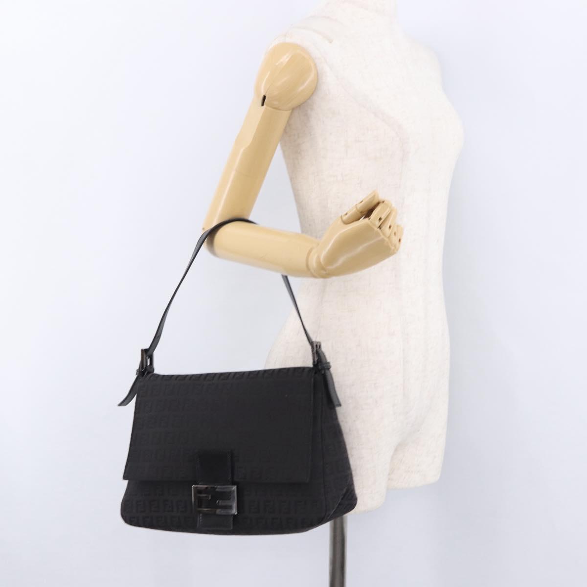 FENDI Zucchino Canvas Mamma Baguette Hand Bag Black Silver Auth BA14344