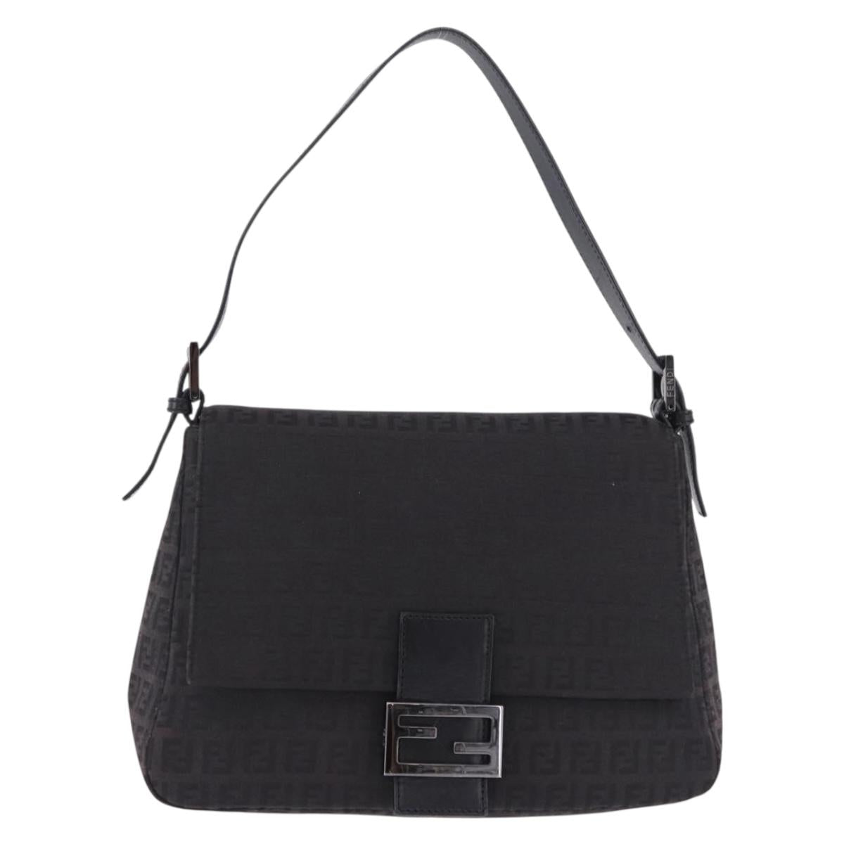 FENDI Zucchino Canvas Mamma Baguette Hand Bag Black Silver Auth BA14344
