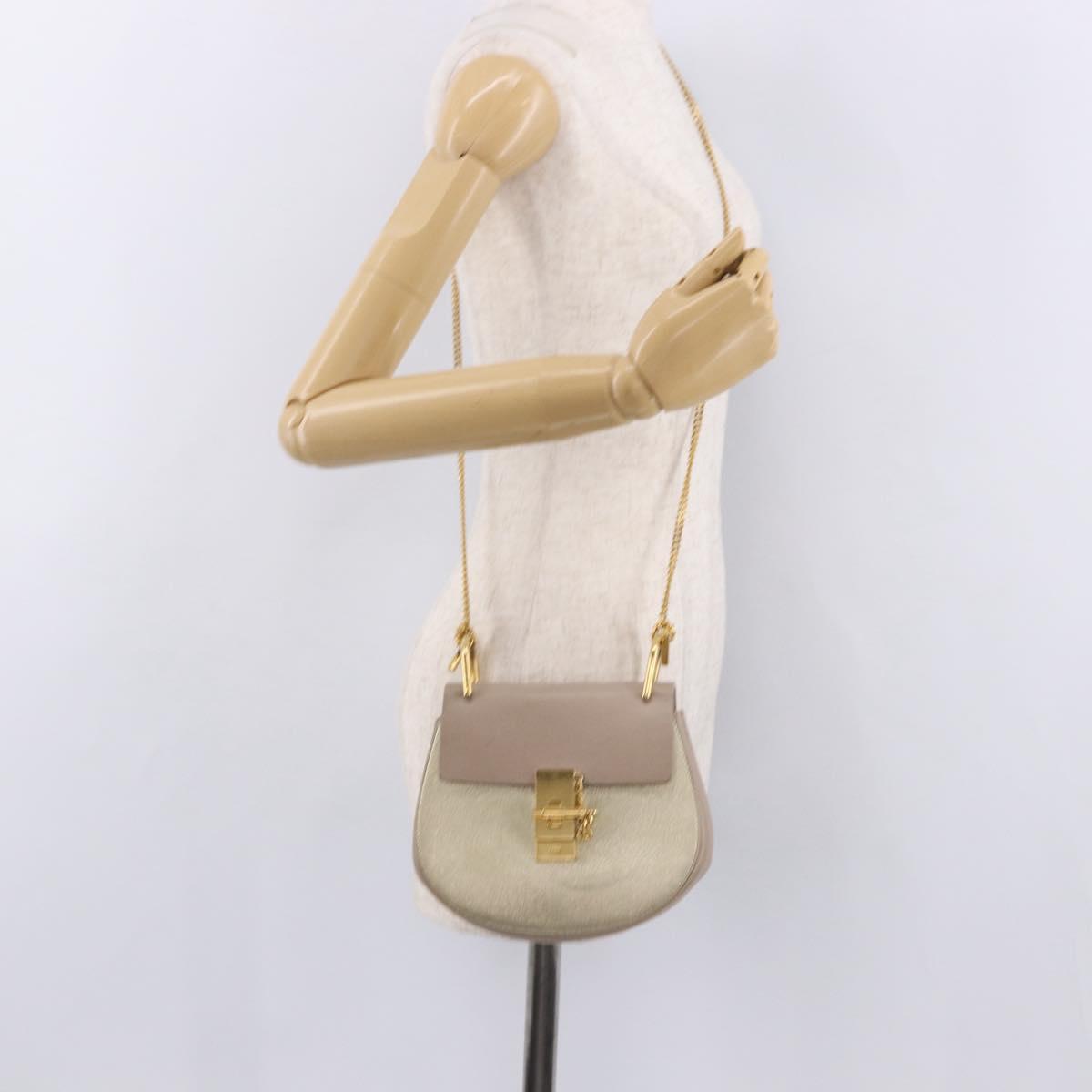 Chloe Drew Chain Shoulder Bag Leather Beige Gold Auth BA14348