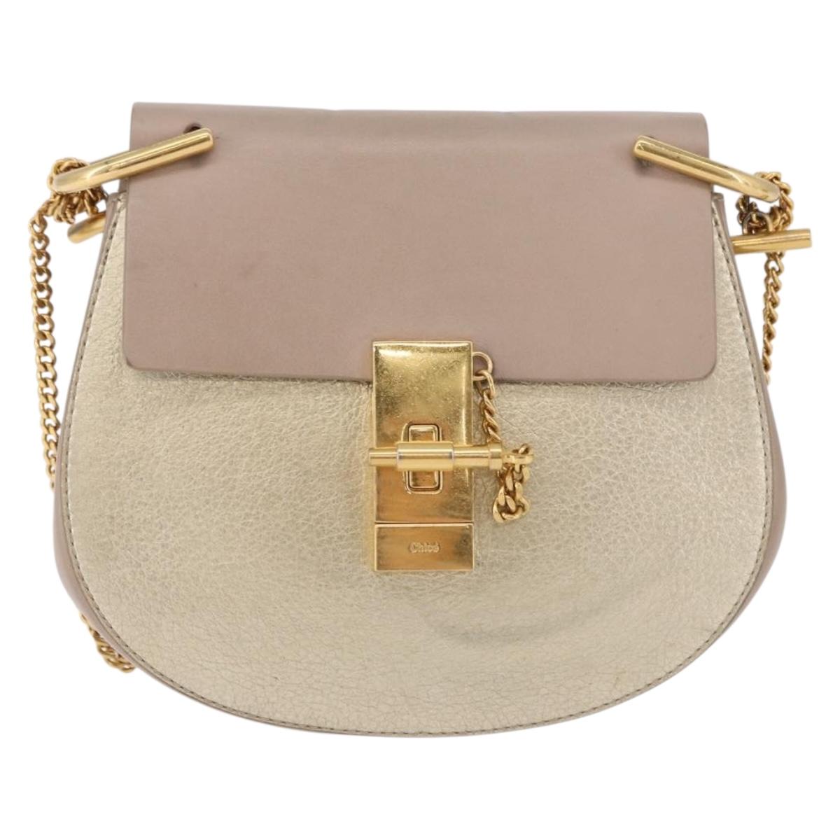 Chloe Drew Chain Shoulder Bag Leather Beige Gold Auth BA14348