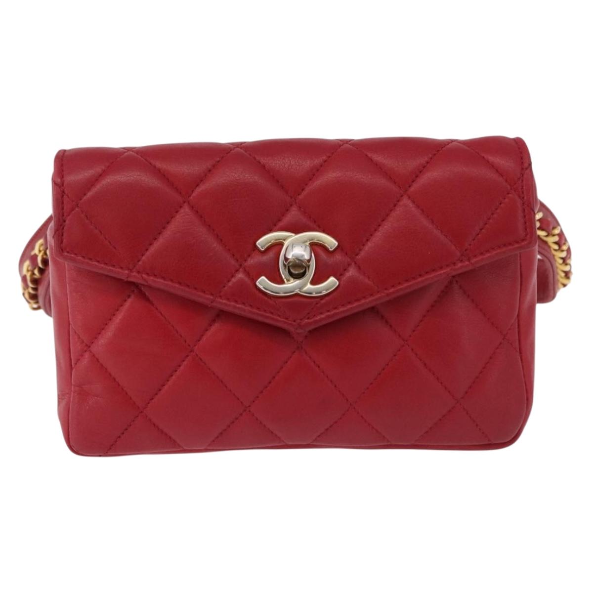 CHANEL Matelasse Waist bag Lamb Skin Red Gold CC Auth BA14358
