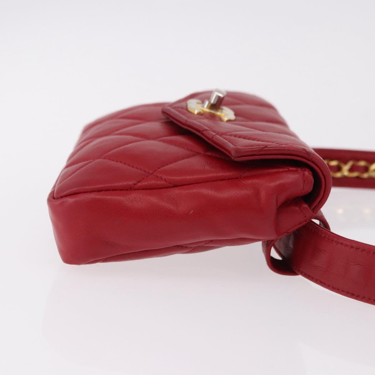 CHANEL Matelasse Waist bag Lamb Skin Red Gold CC Auth BA14358