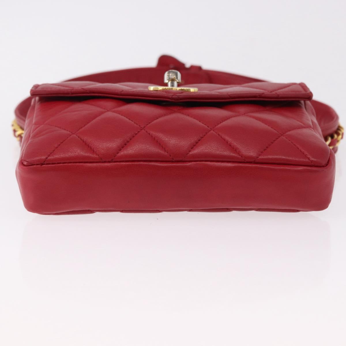 CHANEL Matelasse Waist bag Lamb Skin Red Gold CC Auth BA14358