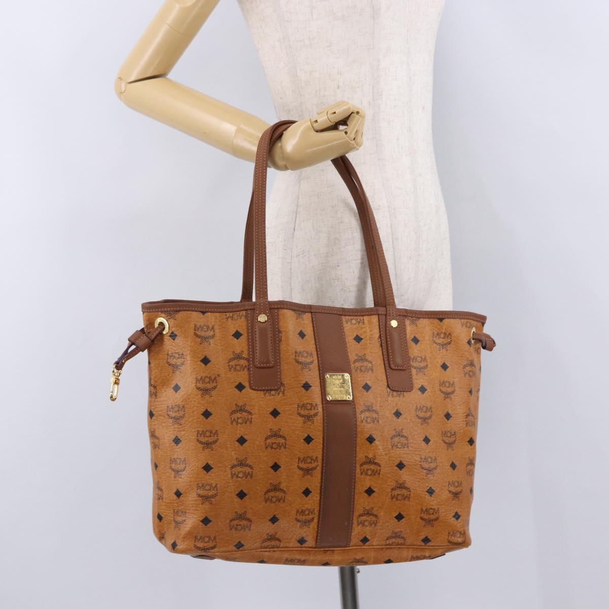 MCM Vicetos Logogram Tote Bag PVC Leather Brown Gold Auth BA14361