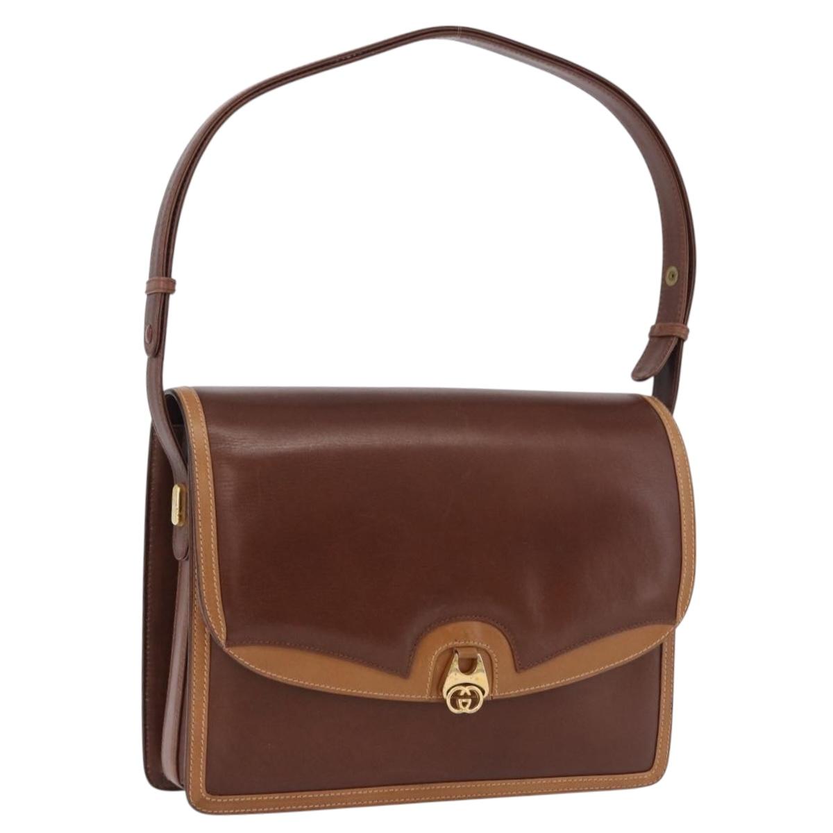 GUCCI Shoulder Bag Leather Brown Gold Auth BA14363A