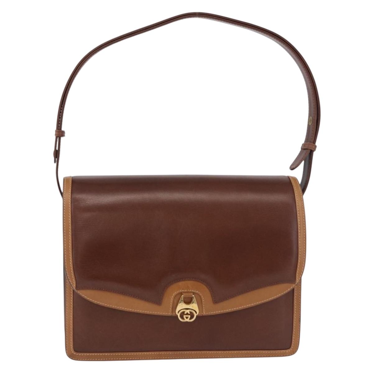 GUCCI Shoulder Bag Leather Brown Gold Auth BA14363A