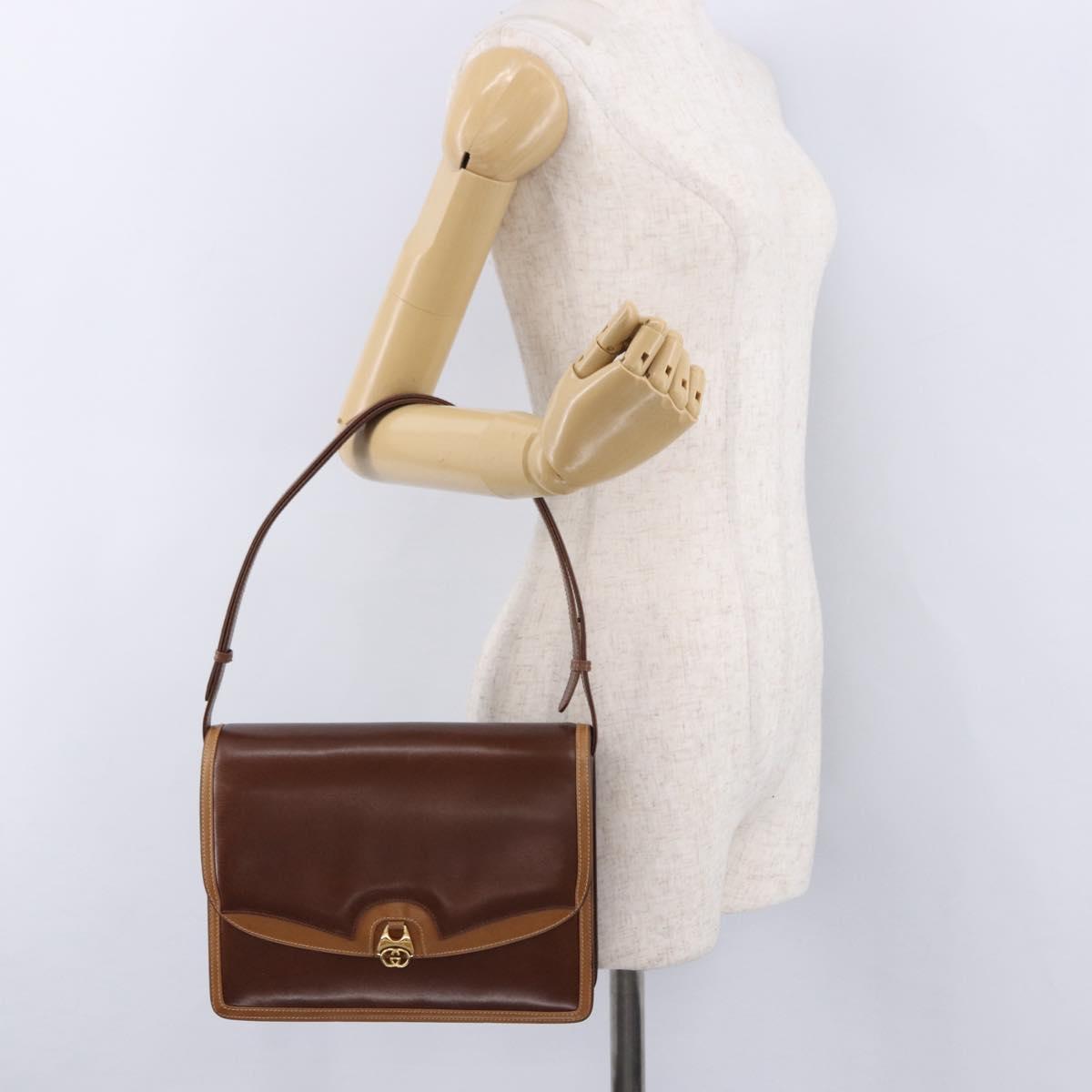 GUCCI Shoulder Bag Leather Brown Gold Auth BA14363A