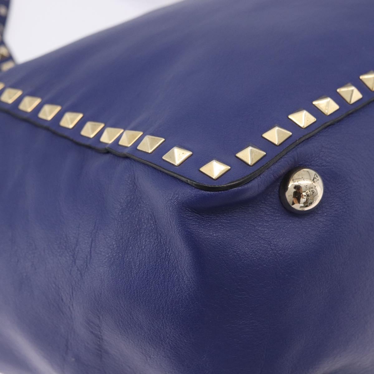 VALENTINO Rock Studs Hand Bag Leather 2way Blue Gold Auth BA14368