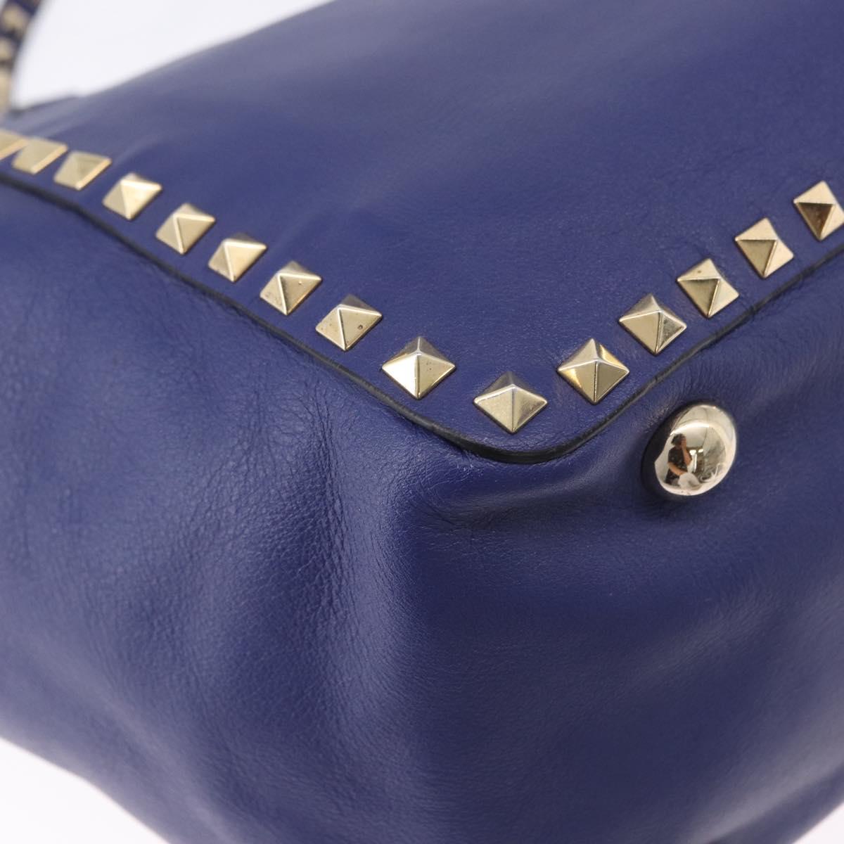 VALENTINO Rock Studs Hand Bag Leather 2way Blue Gold Auth BA14368