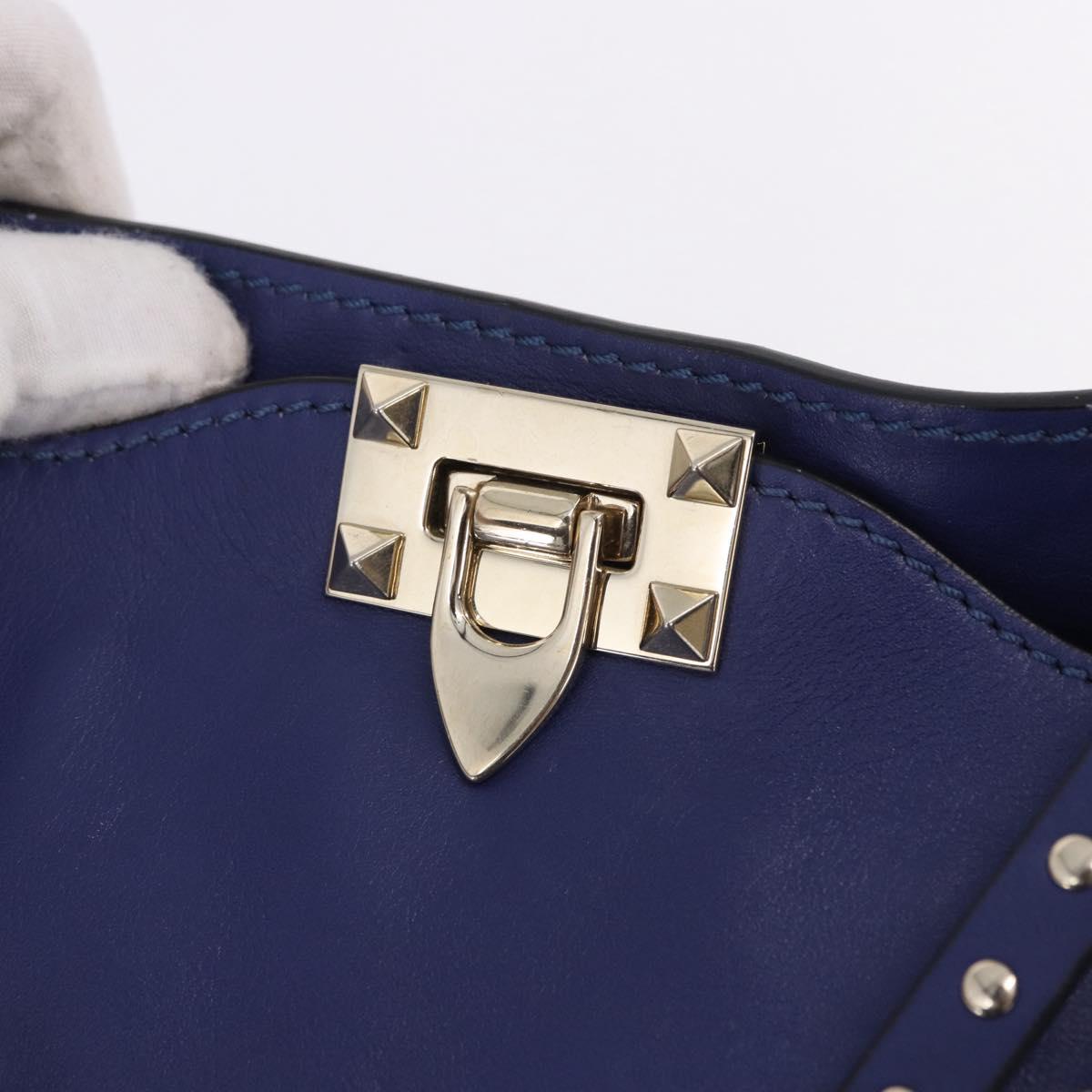 VALENTINO Rock Studs Hand Bag Leather 2way Blue Gold Auth BA14368