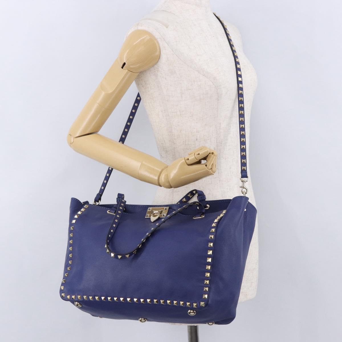 VALENTINO Rock Studs Hand Bag Leather 2way Blue Gold Auth BA14368