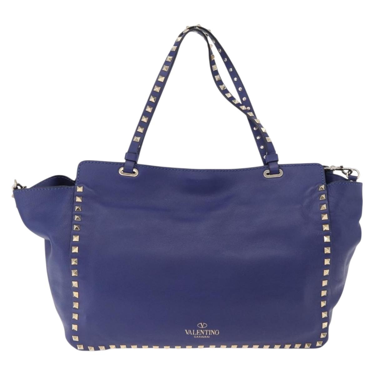 VALENTINO Rock Studs Hand Bag Leather 2way Blue Gold Auth BA14368