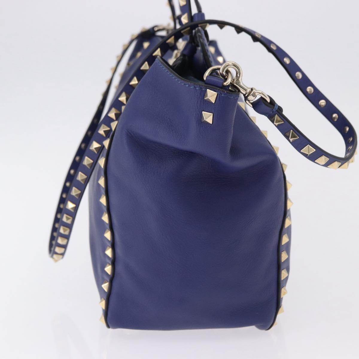 VALENTINO Rock Studs Hand Bag Leather 2way Blue Gold Auth BA14368