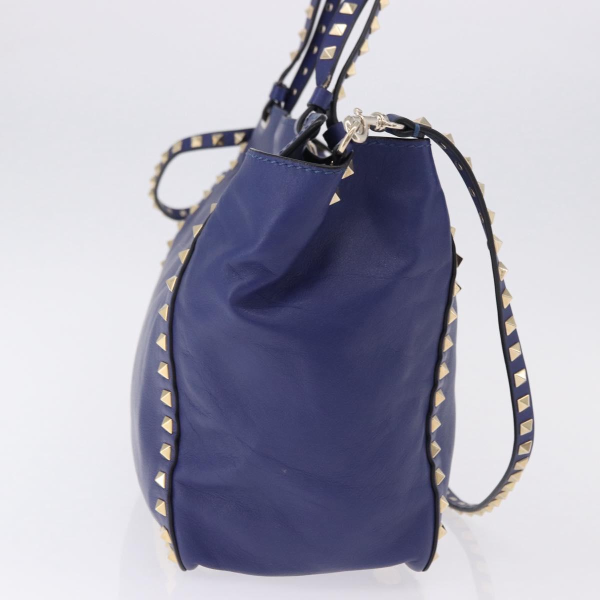 VALENTINO Rock Studs Hand Bag Leather 2way Blue Gold Auth BA14368