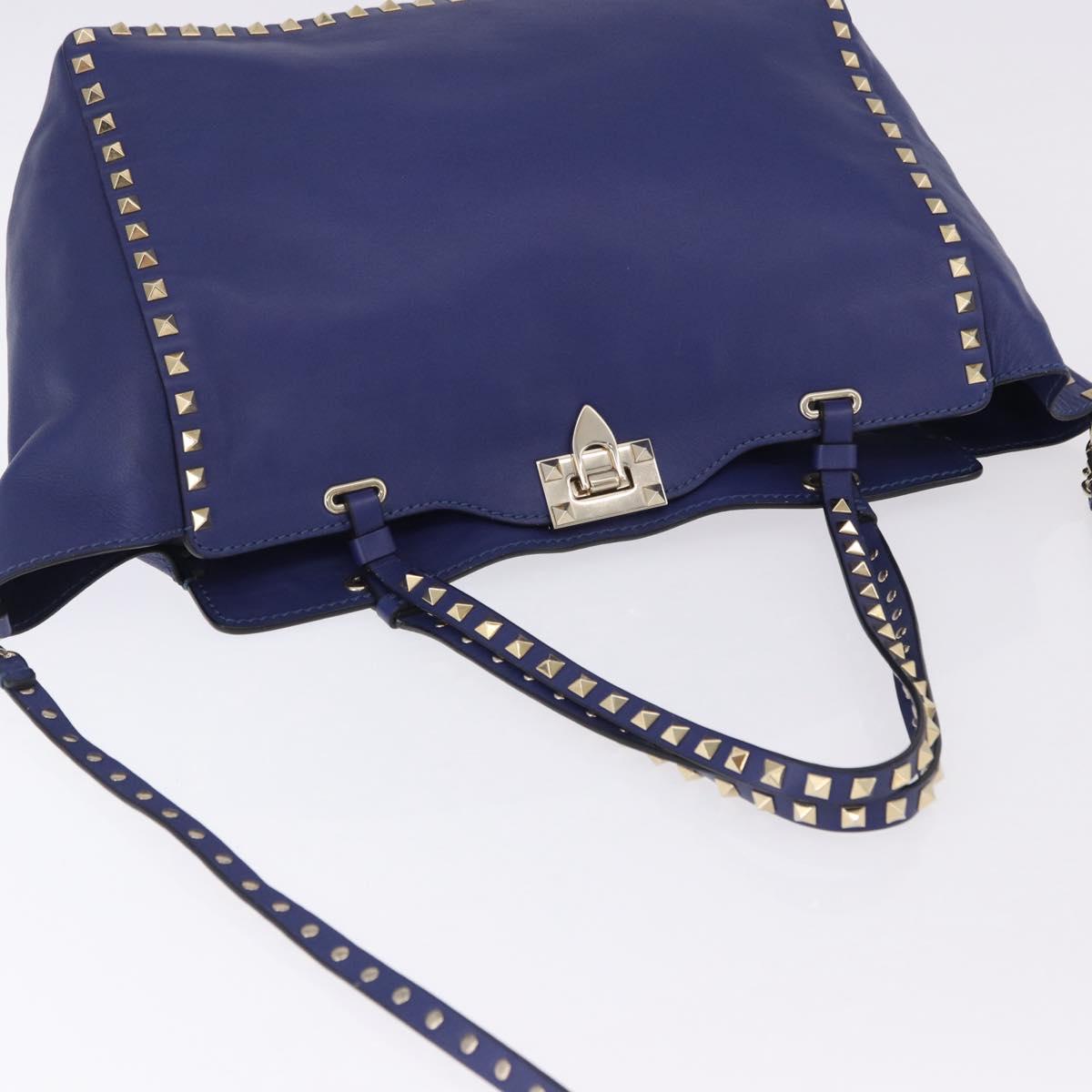 VALENTINO Rock Studs Hand Bag Leather 2way Blue Gold Auth BA14368