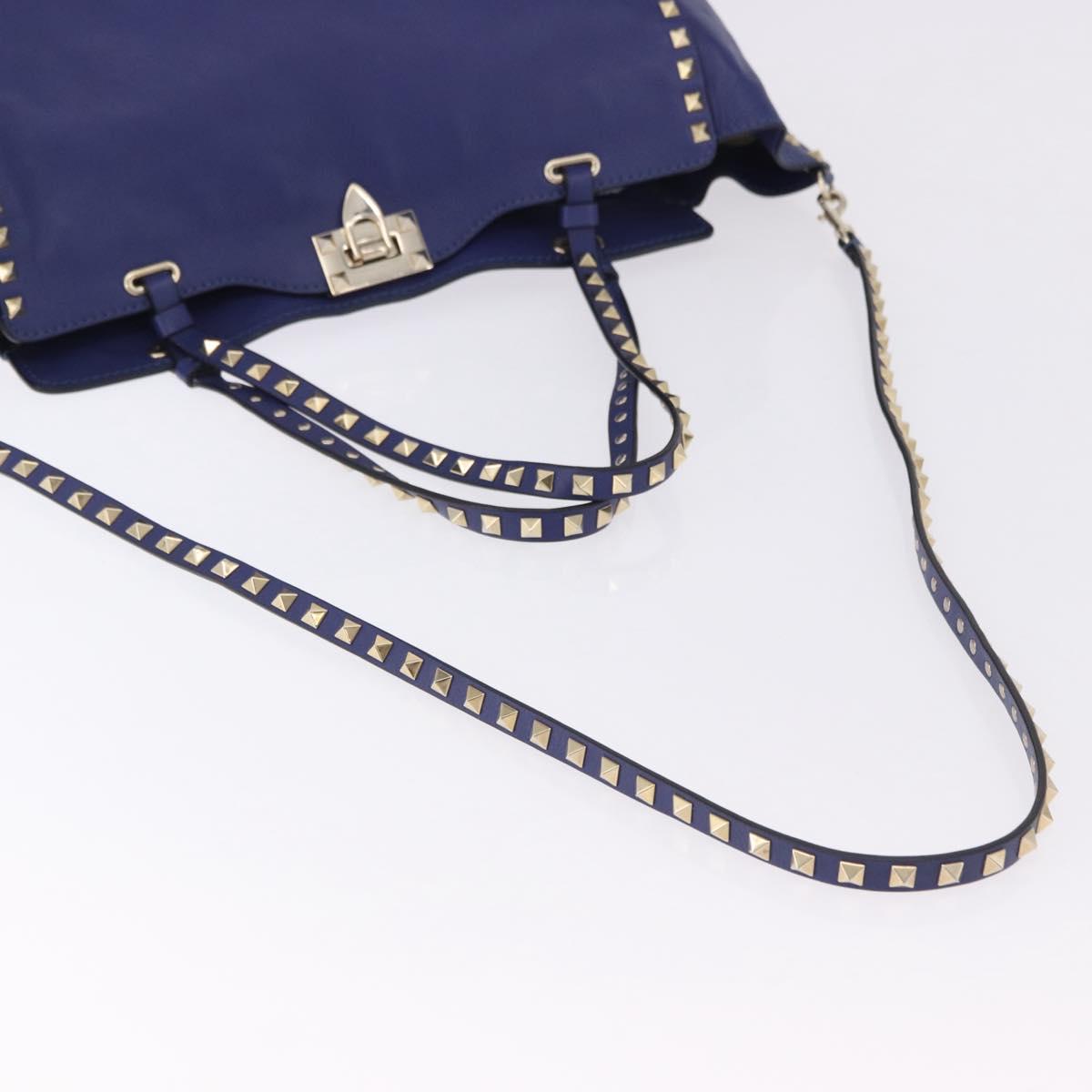 VALENTINO Rock Studs Hand Bag Leather 2way Blue Gold Auth BA14368
