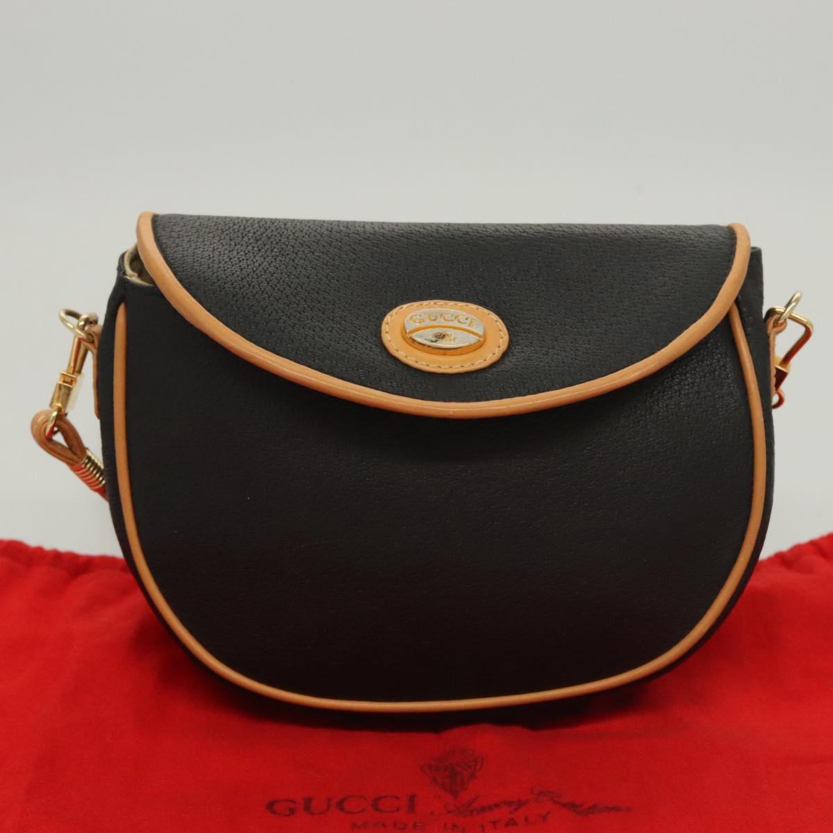 GUCCI Shoulder Bag Leather Black Gold Auth BA1437