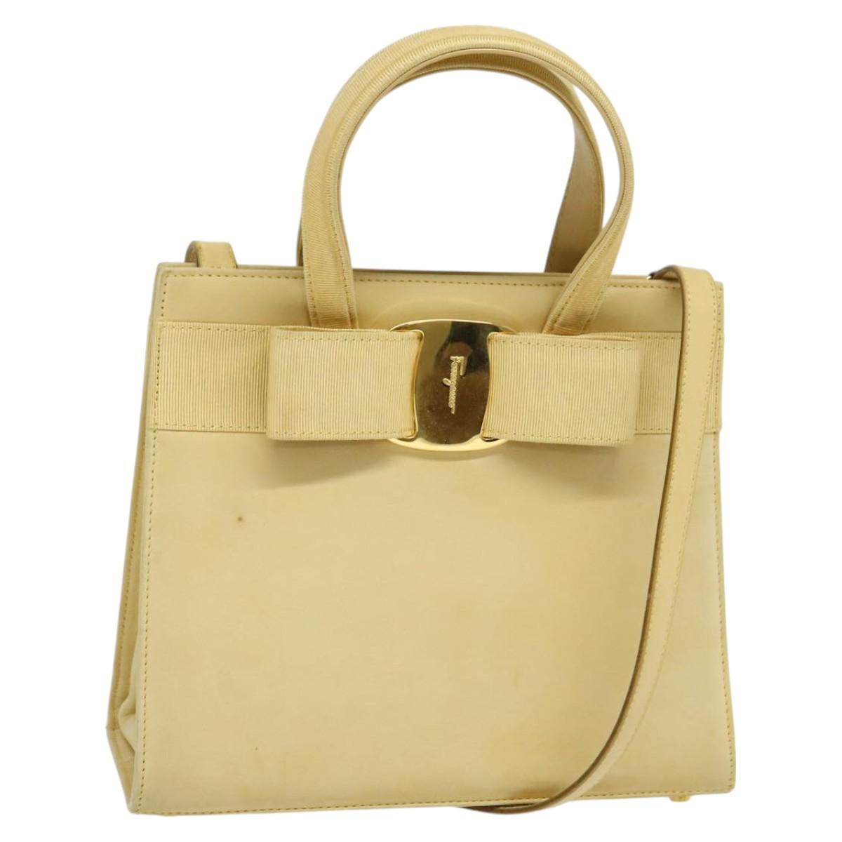 Salvatore Ferragamo Vala Hand Bag Suede Beige Gold Auth BA1438