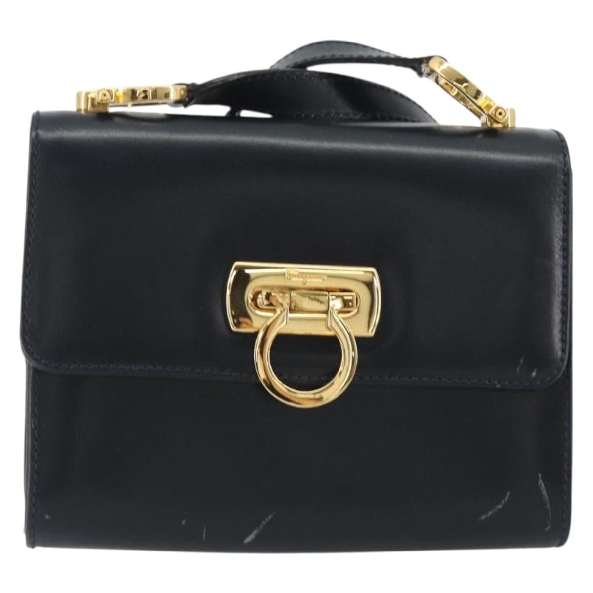 Salvatore Ferragamo Gancini Shoulder Bag Leather Navy Gold Auth BA14387