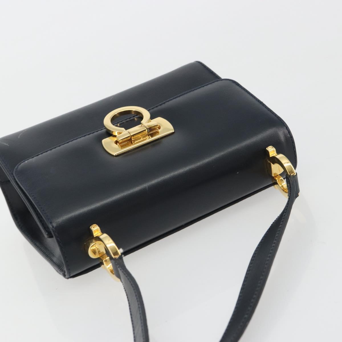 Salvatore Ferragamo Gancini Shoulder Bag Leather Navy Gold Auth BA14387