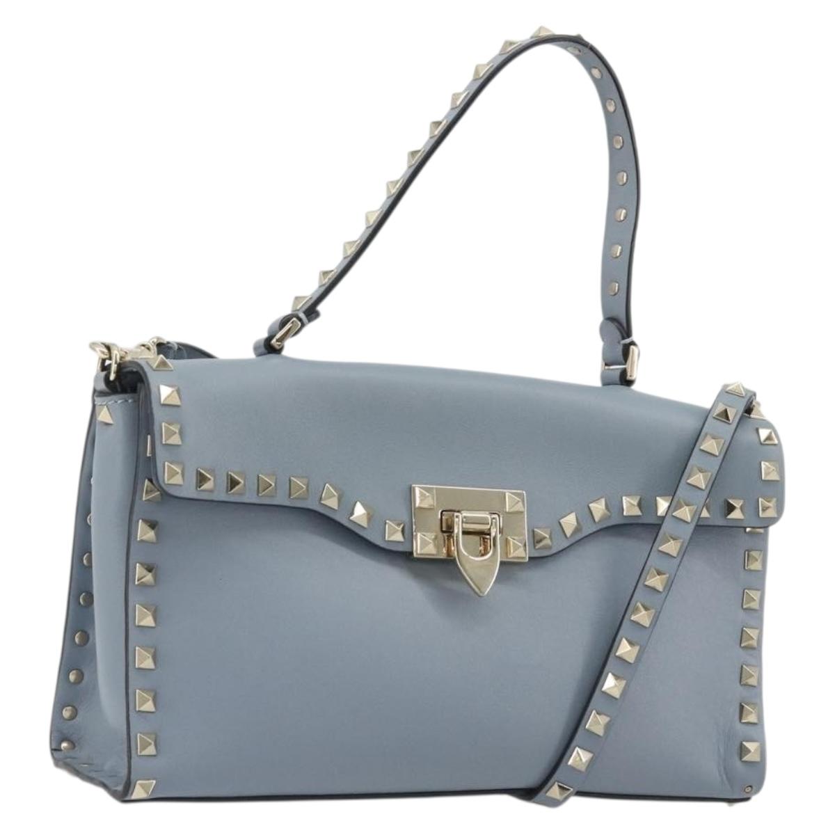 VALENTINO Rock Studs Hand Bag Leather 2way Light Blue Gold Auth BA14388