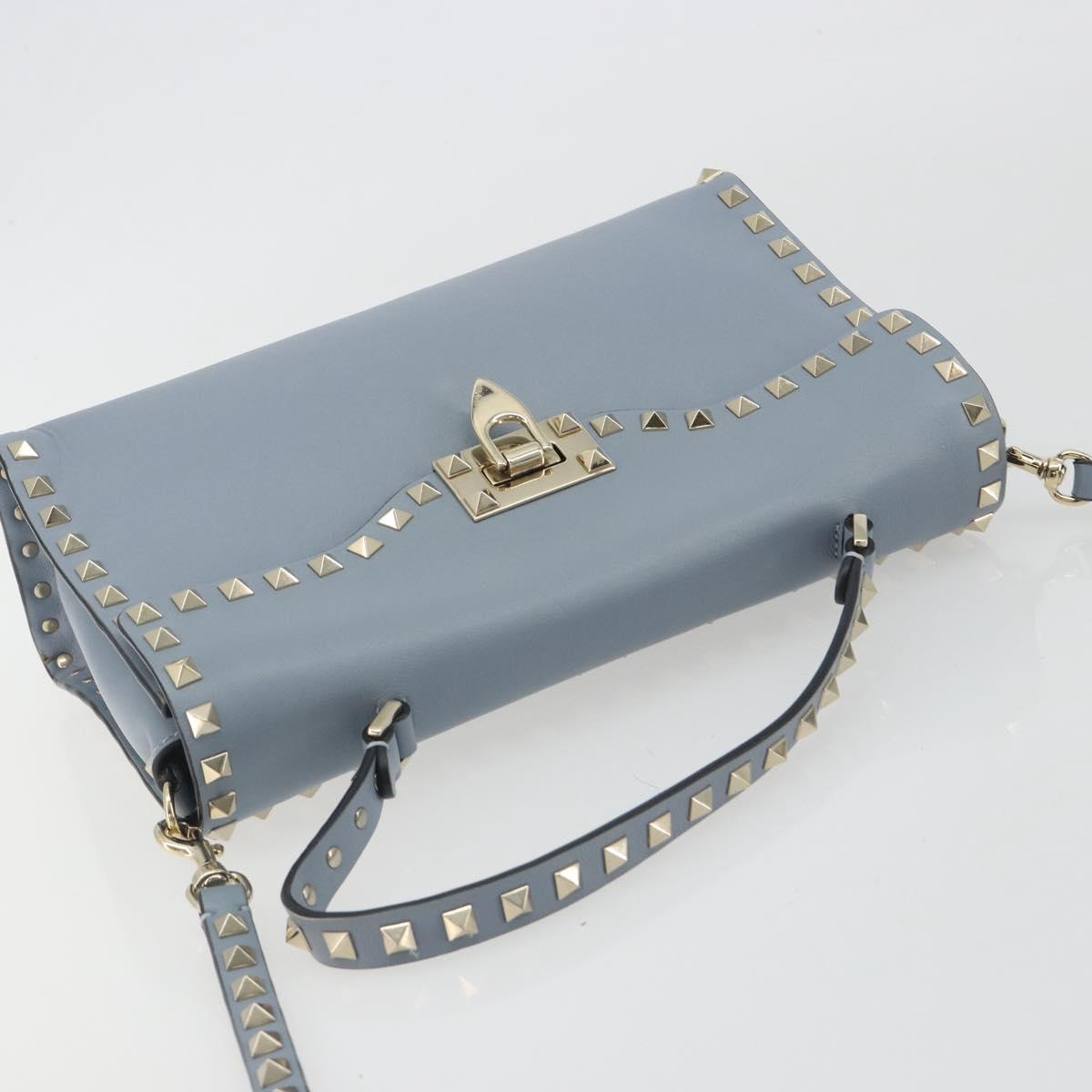 VALENTINO Rock Studs Hand Bag Leather 2way Light Blue Gold Auth BA14388