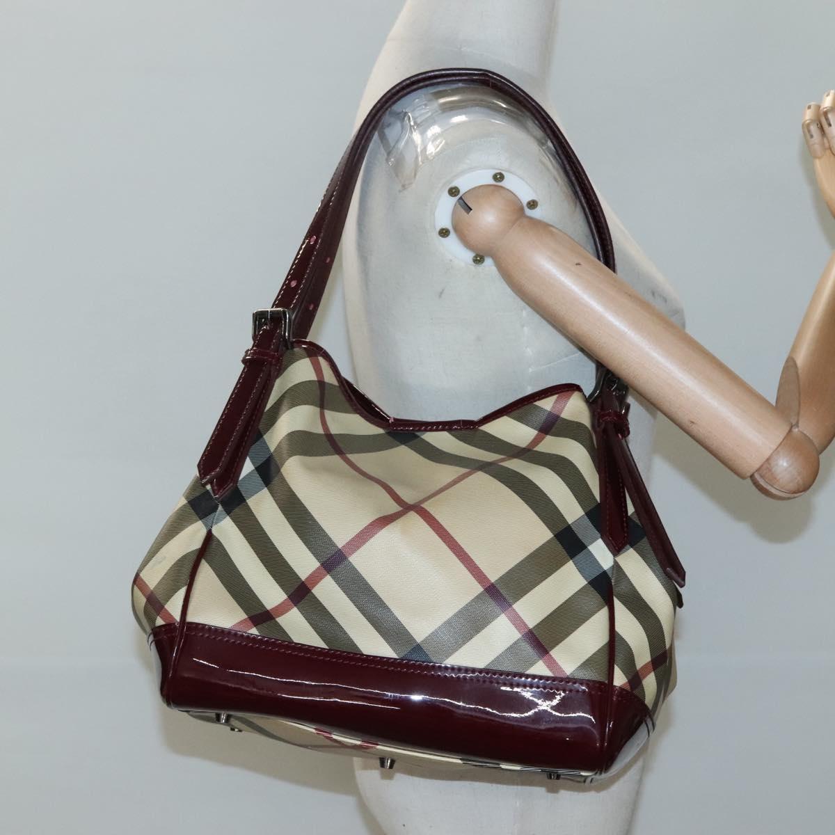 BURBERRY Nova Check Shoulder Bag PVC Beige Silver Auth BA1439