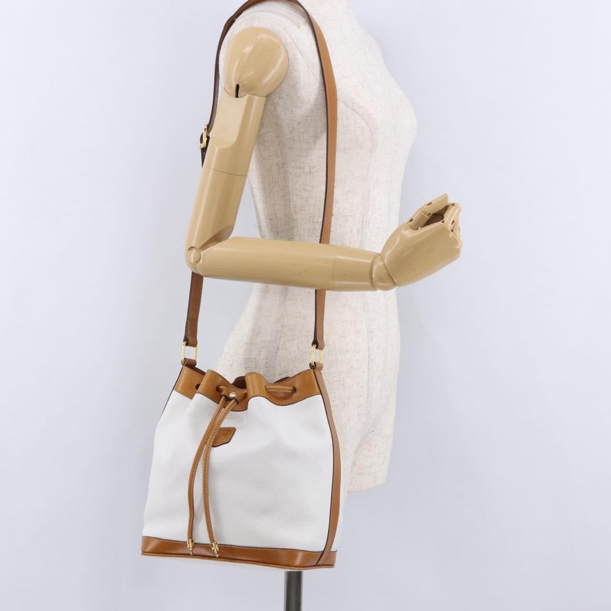 CELINE Shoulder Bag Leather White Gold Auth BA14401A