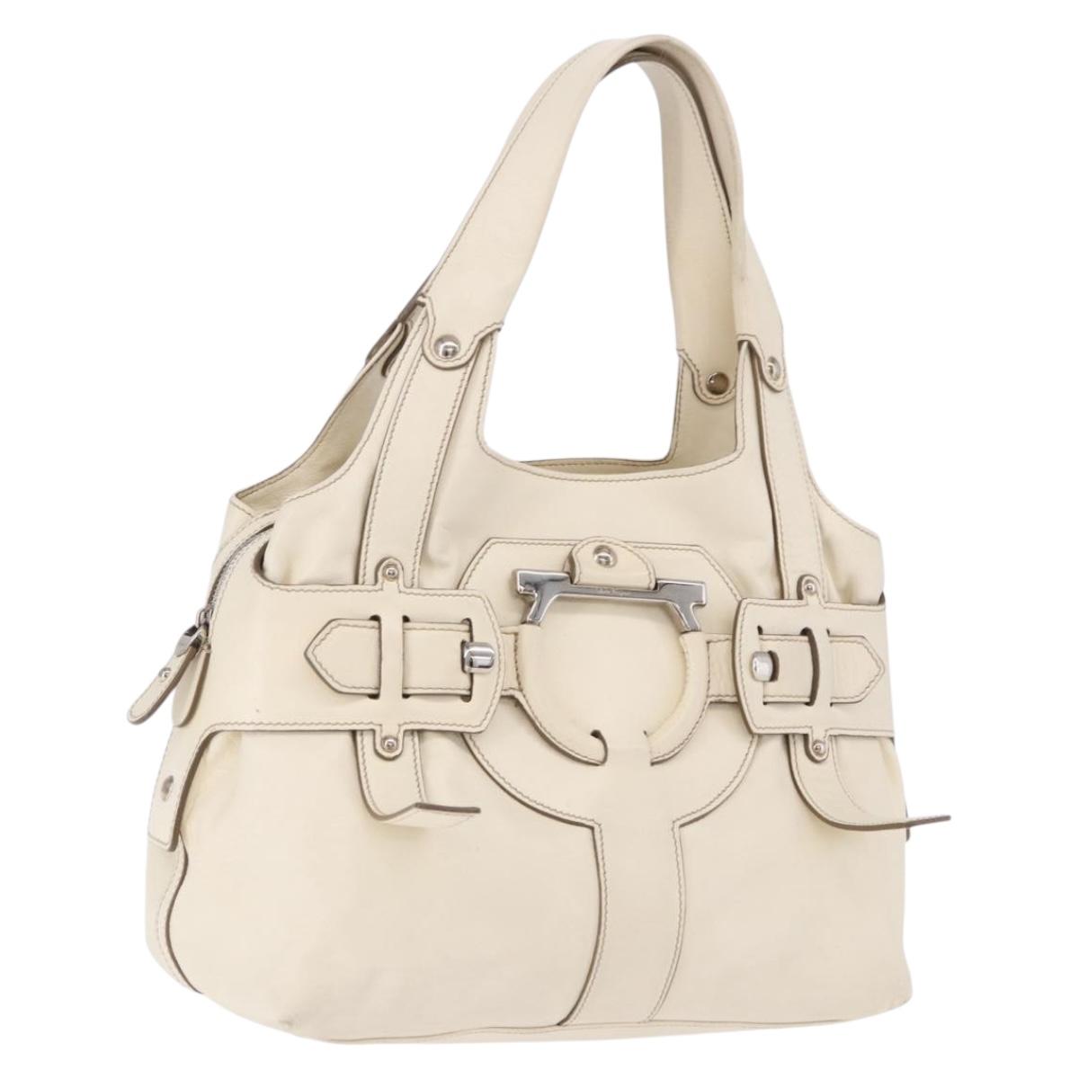 Salvatore Ferragamo Gancini Hand Bag Leather White Gold Auth BA14402