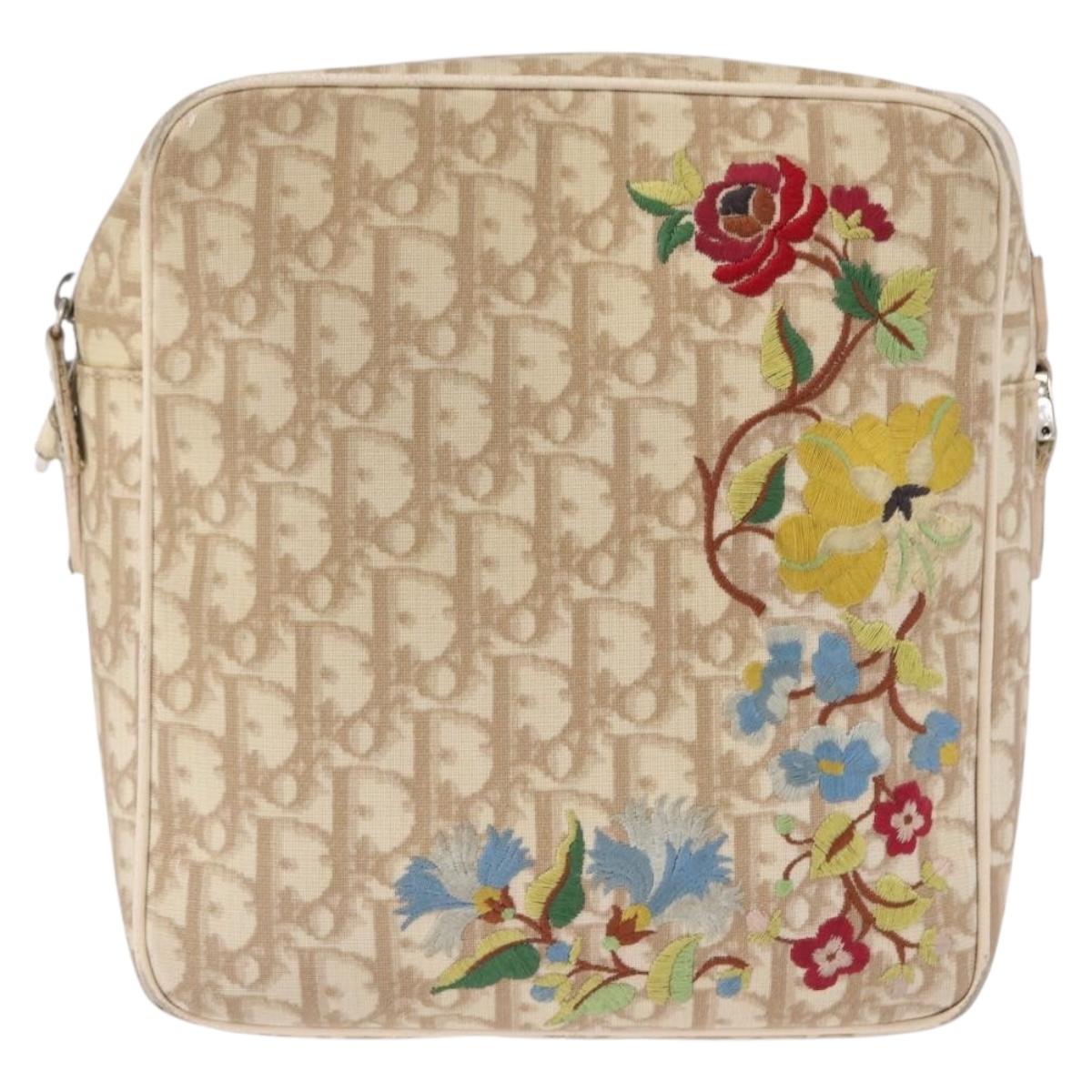 Christian Dior Trotter Canvas Shoulder Bag PVC Beige Silver Auth BA14428