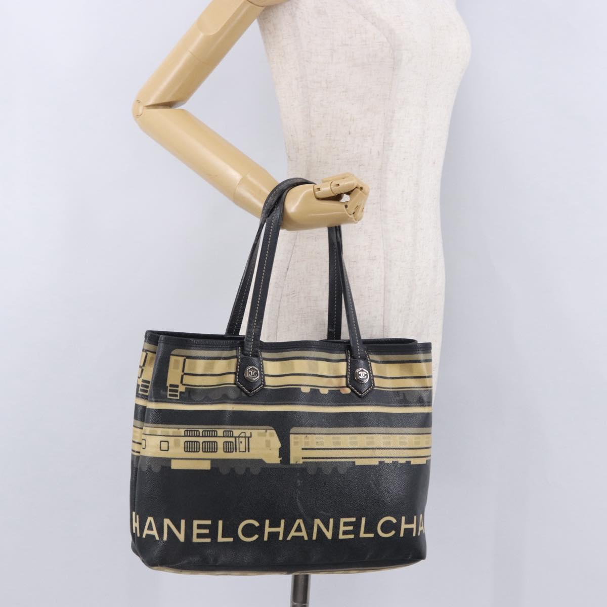CHANEL Central Station Tote Bag PVC Canvas Black Silver CC Auth BA14429