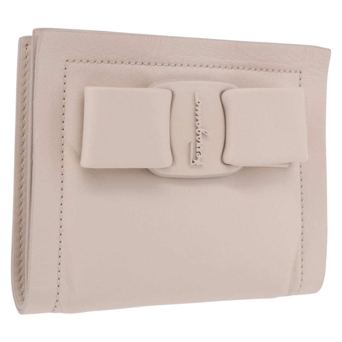 Salvatore Ferragamo Gancini Bifold Wallet Leather Ivory Silver Auth BA14437M